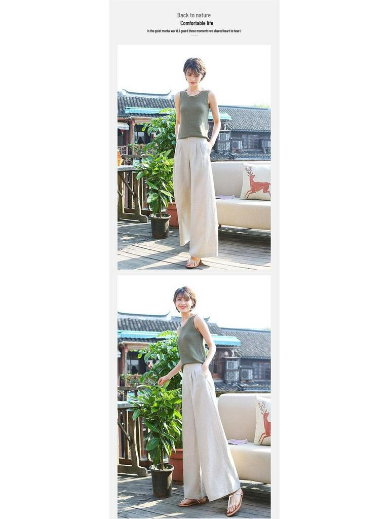 Women's Casual Linen Wide-Leg Pants - Slimming, Loose-Fit Straight-Leg for Summer