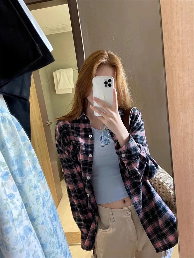 2024 Black & Pink Plaid Women's Shirt - Spring/Autumn Sunscreen Jacket, Korean-Style Niche Design