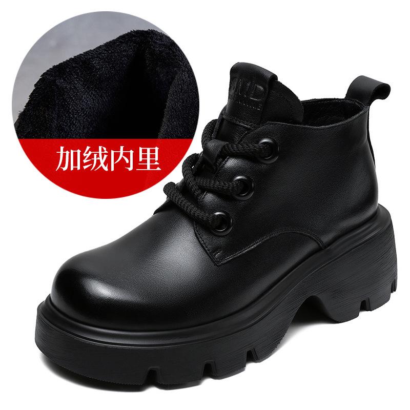 Leather high-top women's shoes spring and autumn new thick-soled heightening fashion lace-up short boots British retro style and ankle boots