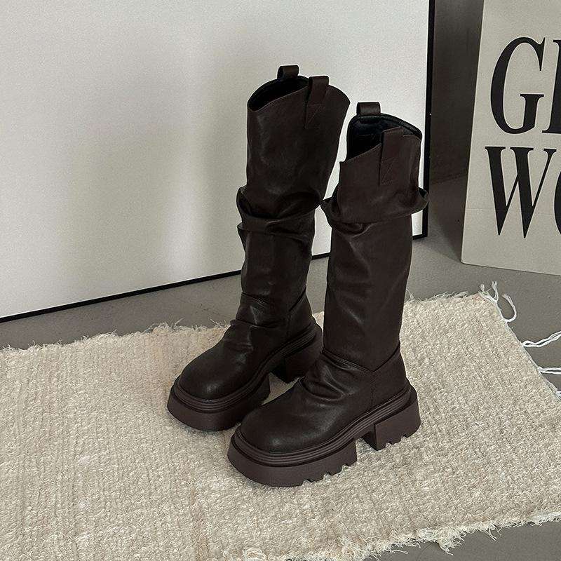 Fashion retro British style thick heel platform boots women's 2025 autumn and winter new Maillard skirt knight boots
