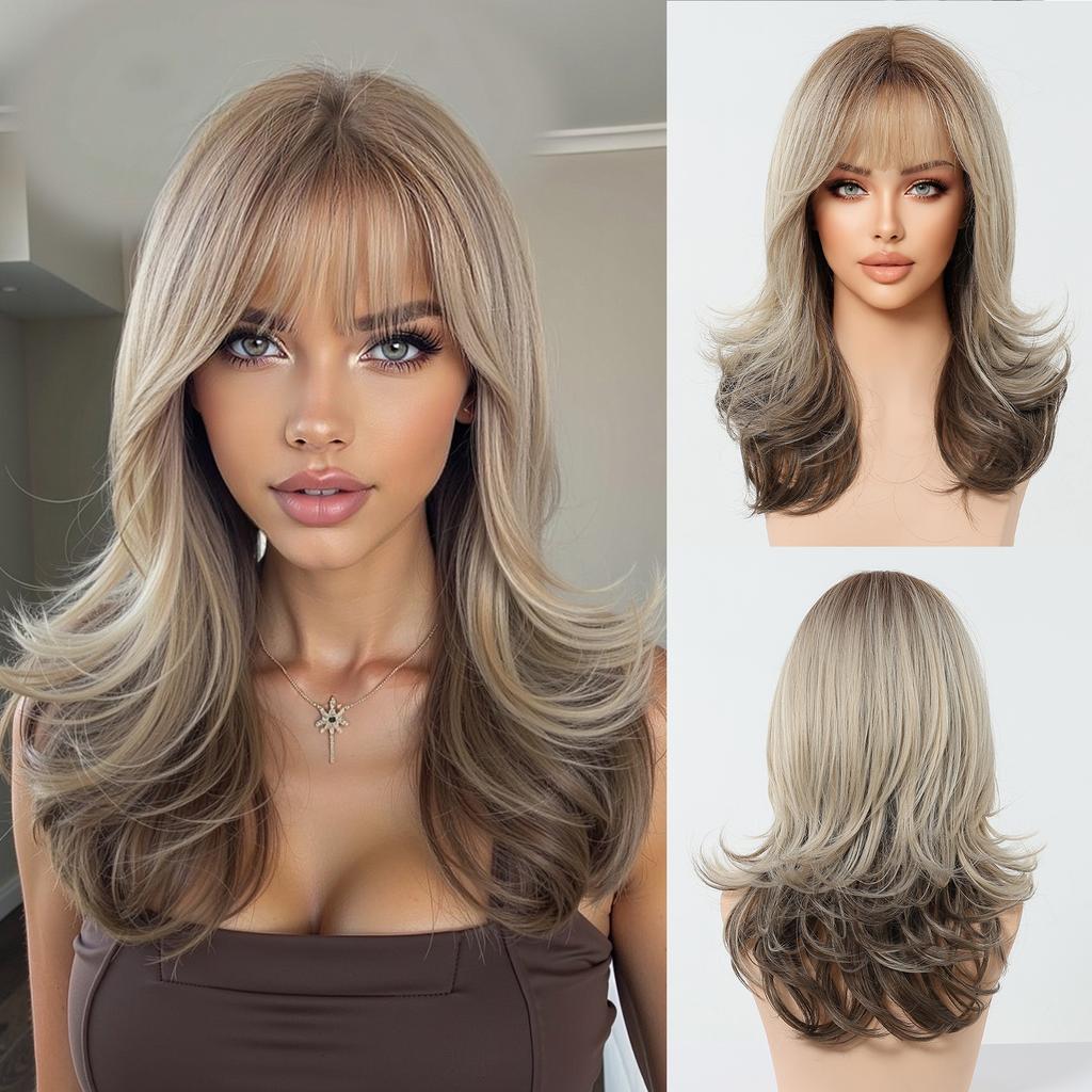 16inch Long Blonde Body Wavy Synthetic Wigs with Bangs for Women Heat Resistant Natural Hairs Wig for Daily Cosplay Party Wear