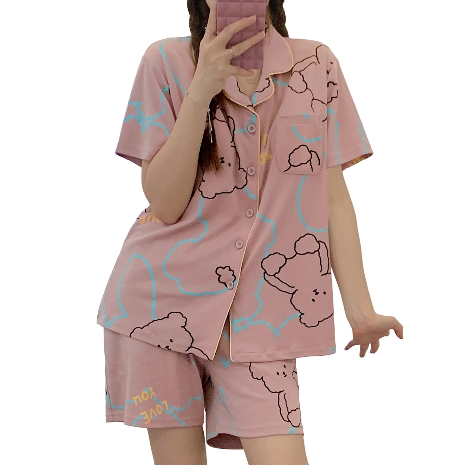 

Summer Short Short Top and Bottom Front Opening Gentle on the Comes with Chest Pads [PHOLEEY] Women s Pajamas, Loungewear, Sleeves, Pants, Loungewear,
