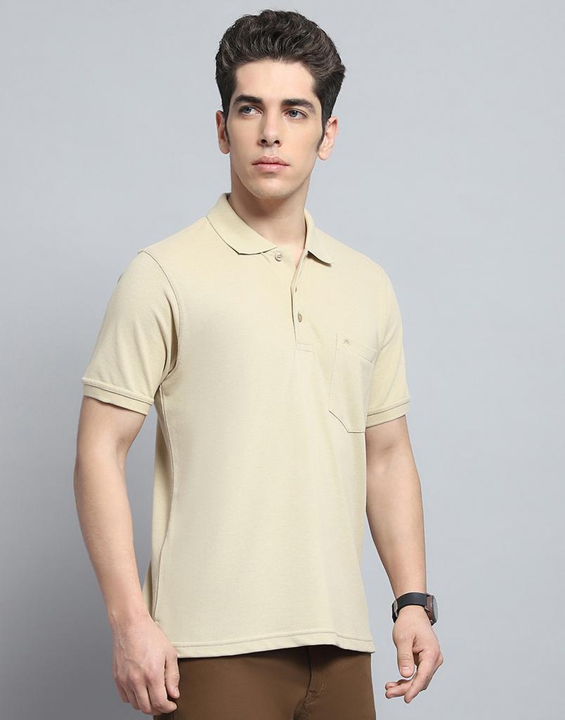 Monte Carlo Mens Solid Beige Collar Neck Half Sleeve T-Shirt