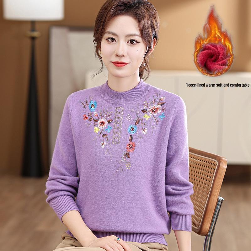 Mom's Winter Fleece-Lined Warm Top Sweater for Middle-Aged & Elderly Women