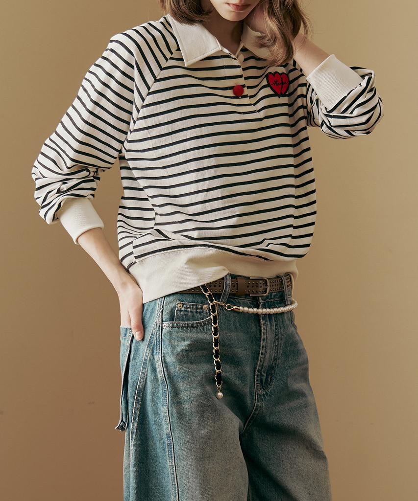 MAXZA Heart Wappen Shirt Collar Striped T-Shirt