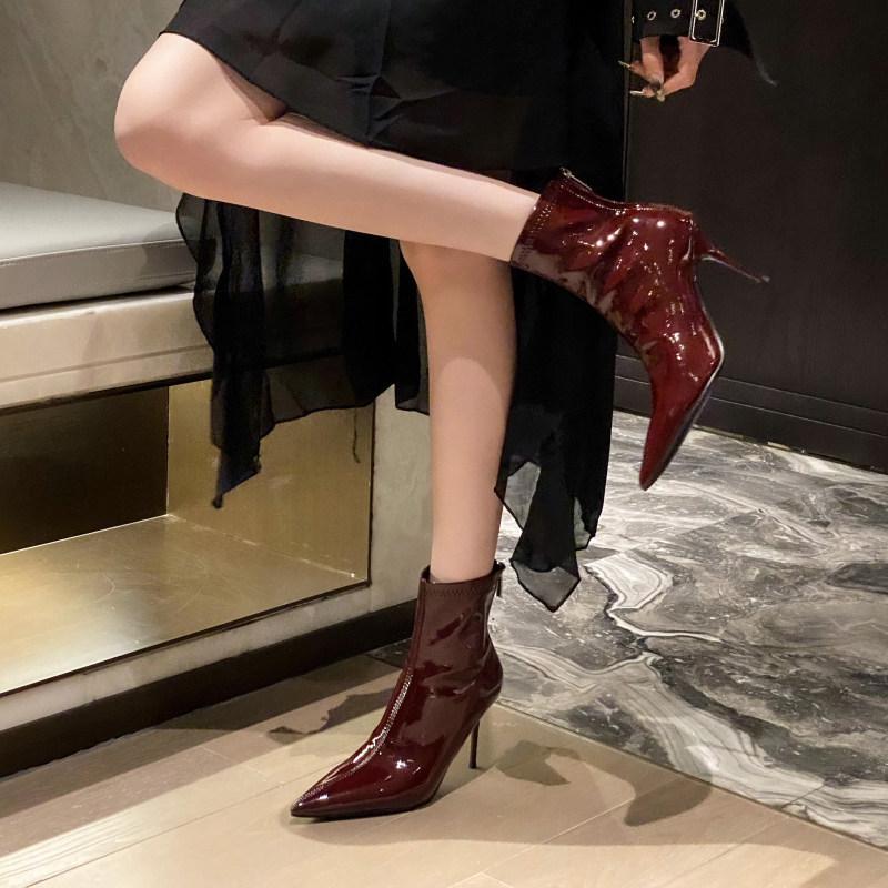 SYLSH European and American style pointed patent leather red short boots women's spring and autumn thin thin heel short tube high heel boots