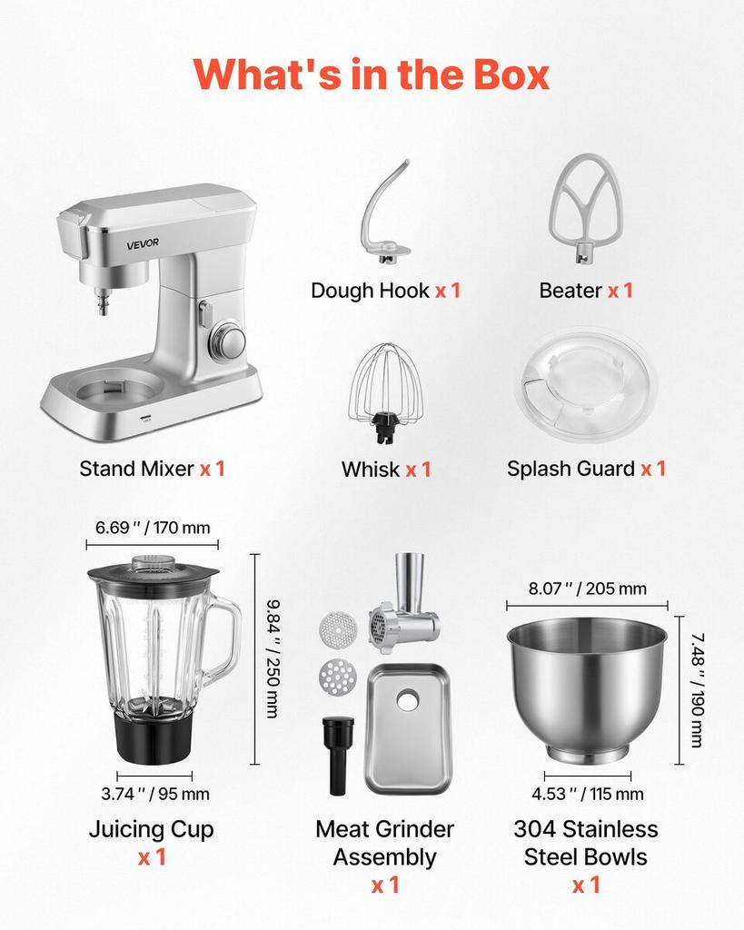 Stand Mixer, 4.3 L Electric Kitchen Mixer, 1300W Dough-Mixer, 6+P Speeds Tilt-head Food-Mixer with 1.5 L Blender Cup, Stainless Steel Bowl, Dough