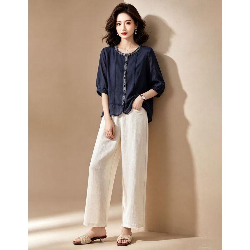 EST+II Women's Ramie Round Neck 3/4 Sleeve Cardigan & Wide-Leg Pants Set