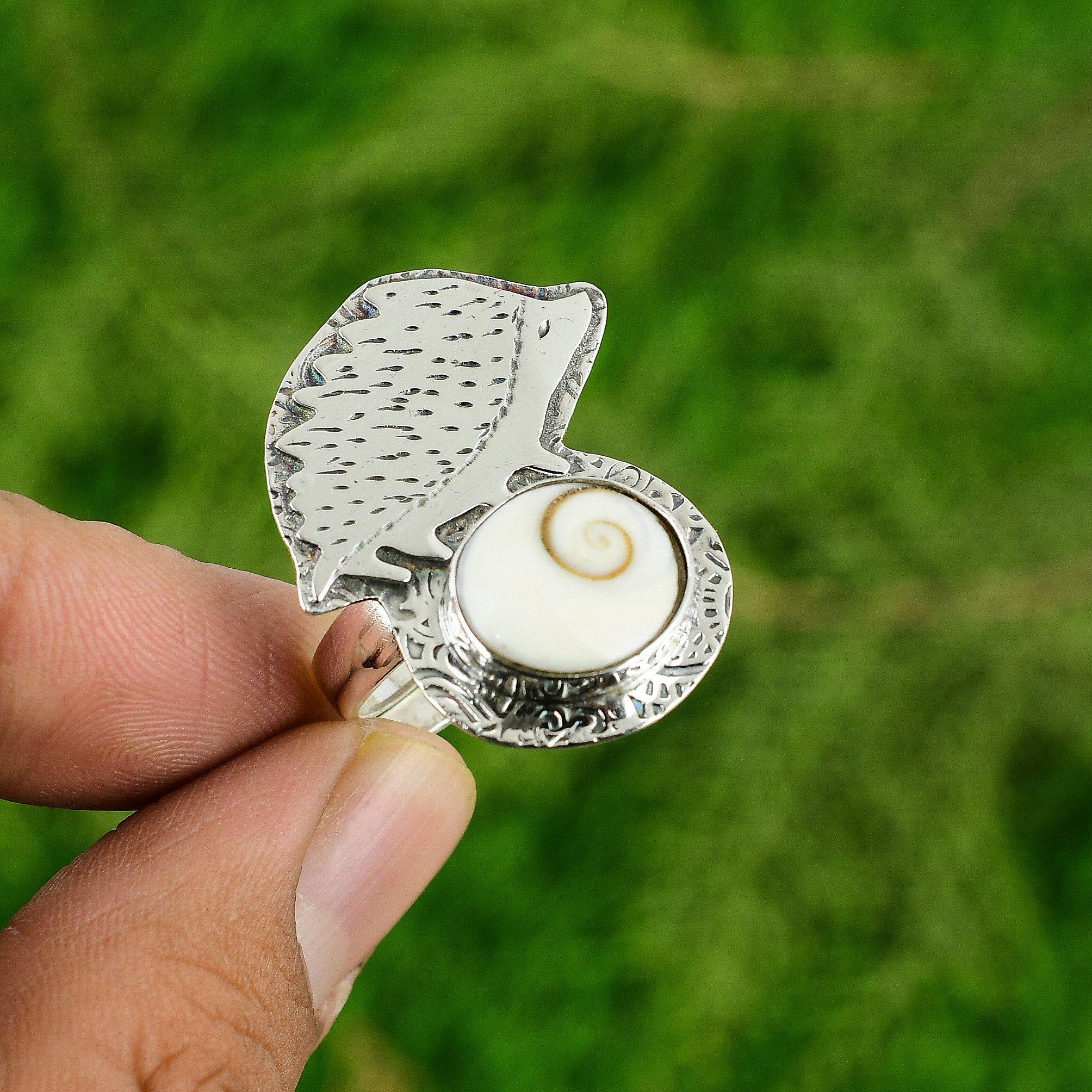 

925 Sterling Silver Oval Shiva Eye Shell Gemstone Boho Promise Wedding Wife Ring Adjustable