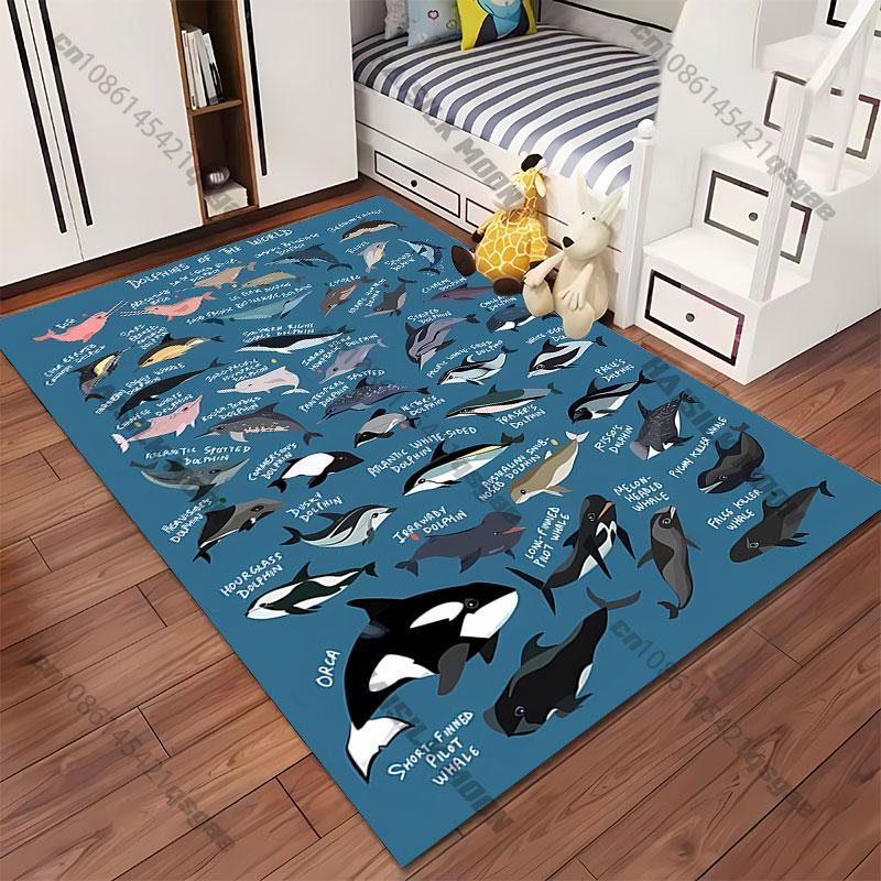 Diverse dolphin species illustrated carpet Yoga living room room decor children's crawling mat doormat area rug games mat