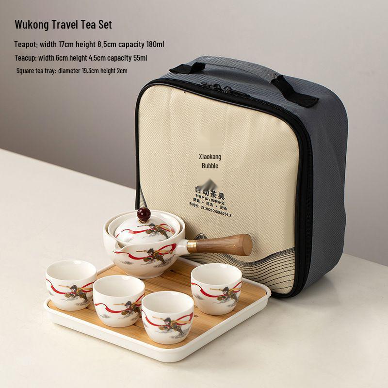Compact Travel Tea Set with Automatic Rotating Teapot and Side Handle Kung Fu Cups