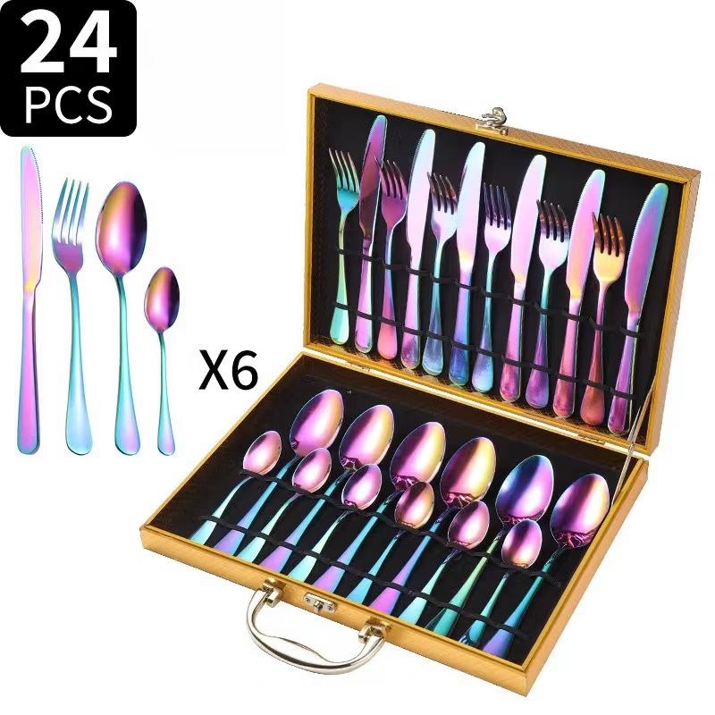 Xihe 24-Piece Iridescent Cutlery Set with Bamboo Handles