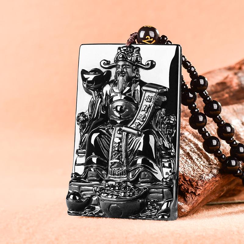 A-Grade Natural Green Jade Wealth God Ice Jade Pendant (Black Bead Necklace)