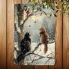 1pc Vintage Bird & Dog World Metal Tin Sign - Durable Iron Wall Art with Cardinals, Cats & Snowy Scene - Perfect for Home, Gym,
