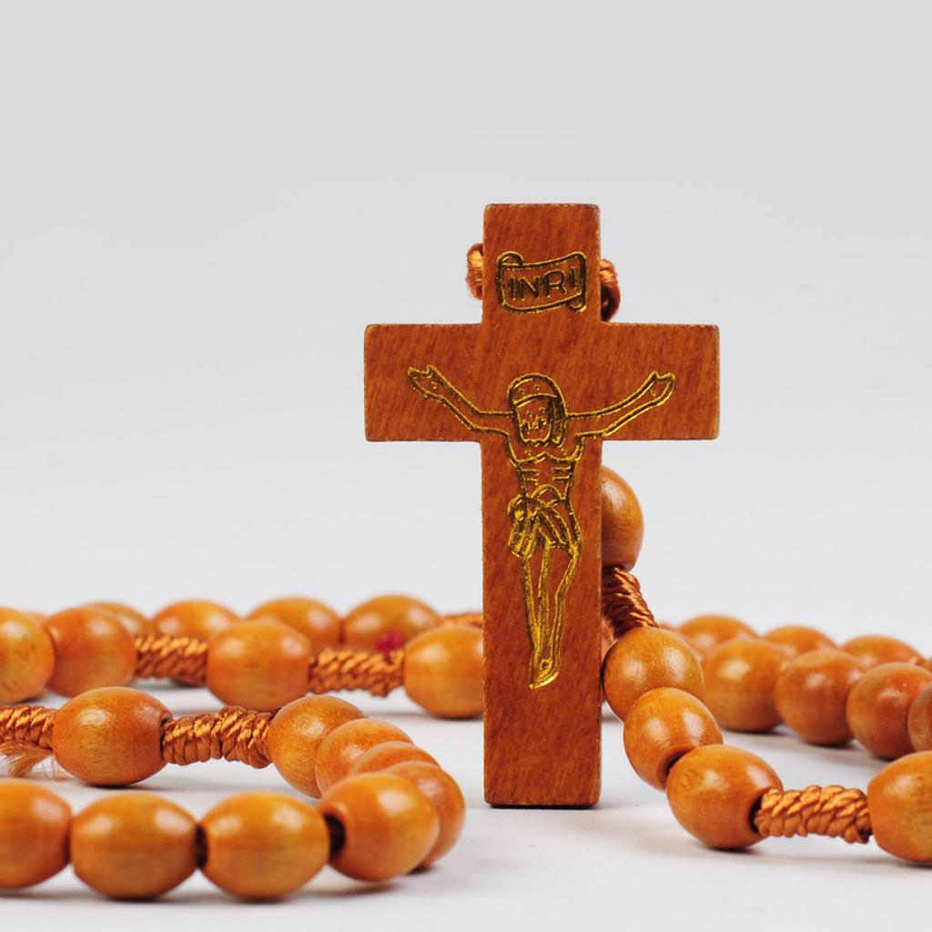 Natural Wood Rosary Necklace Featuring Smooth Sturdy Beads and Intricately Crosses Portable for Christian Adults
