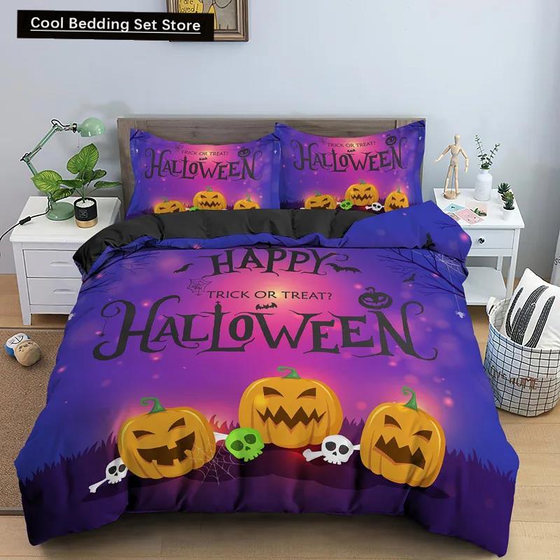 Happy Halloween King Queen Duvet Cover Orange Pumpkin Bedding Set Kids Teens Adults Bats Horror Festival Polyester Quilt Cover
