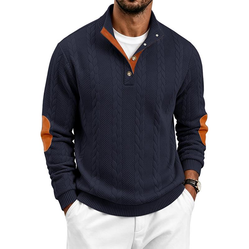 Men’s Heavyweight Jacquard Casual Button-Patch Stand-Up Collar Henry-Neck Long-Sleeved Sweatshirt