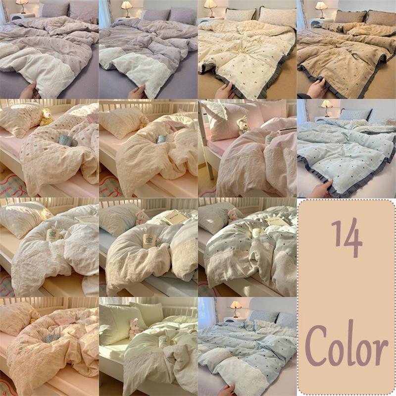 French Style Lace Bedding Set 3/4PCS - Wash Cotton Duvet Cover & Pillowcases Soft Breathable Active Printing for Home Bedding