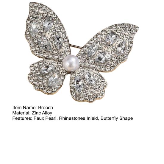 Women Brooch Three-Dimensional Butterfly Design Pin with Imitation Pearls Rhinestones Suits Coats Sweaters Badge Formal Occasions Decorative