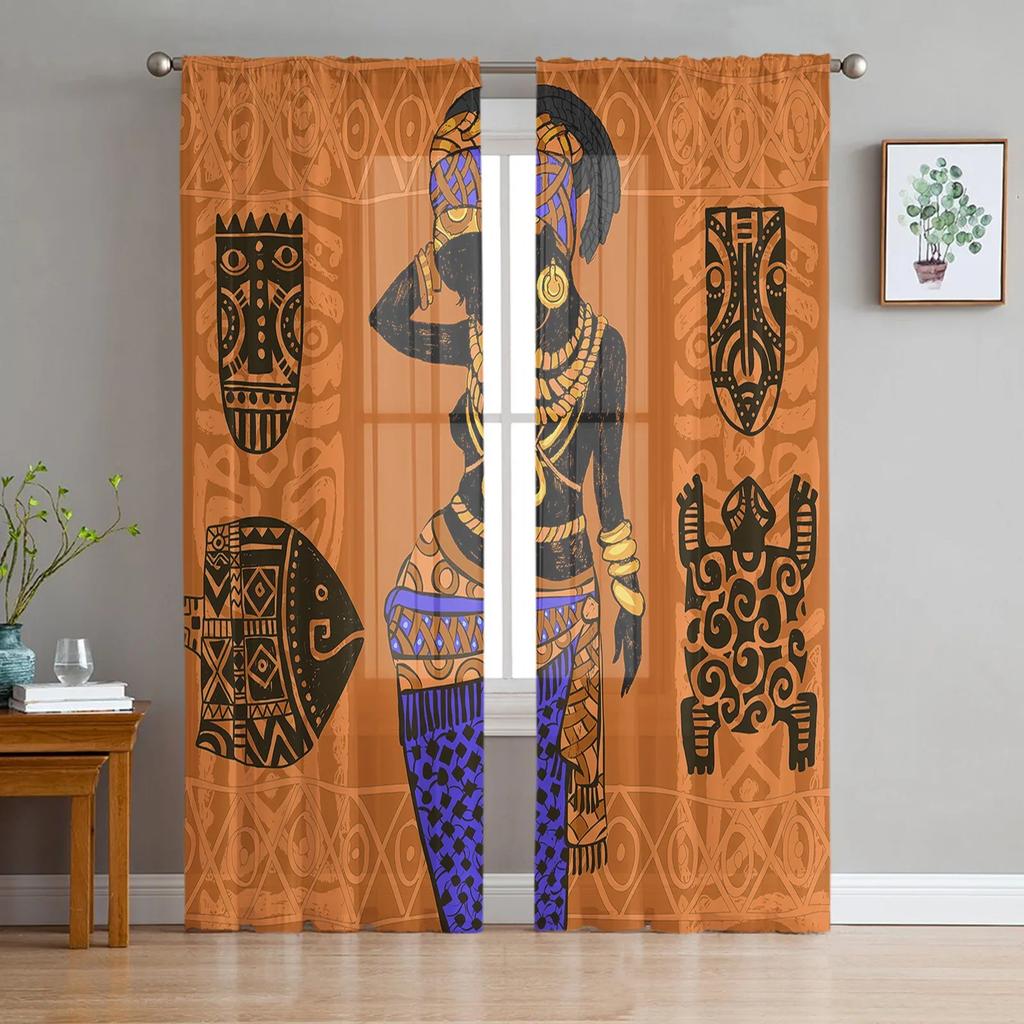 Portuguese Ethnic Flower Ceramic Tile Tulle Sheer Window Curtains for Living Room Bedroom Modern Voile Organza Curtains Drapes