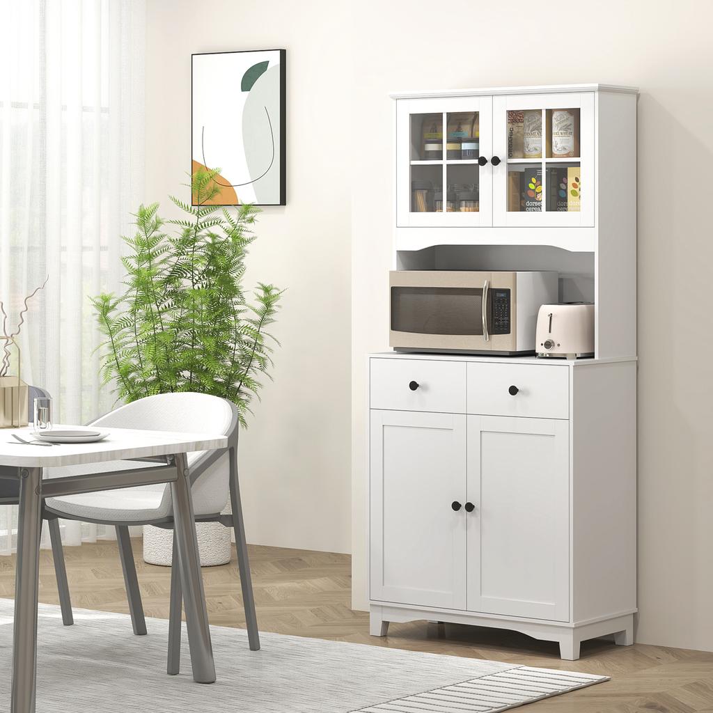 Freestanding Kitchen Storage Cabinet with Worktop, Glass Doors, White