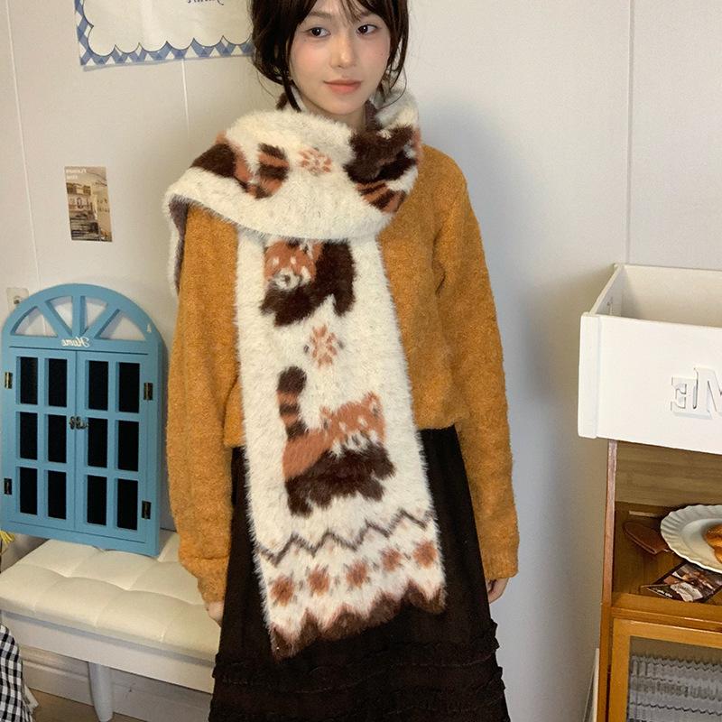 Cartoon Brown Raccoon Patterned Scarf Knitted Faux Mink Fur Scarf Soft Comfort Women Winter Neckerchief Warm Scarves
