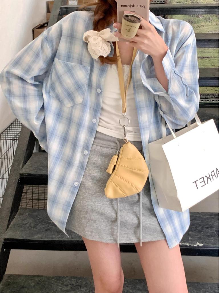 2025 Women's Retro Blue Plaid Shirt Jacket - Loose Fit, Long Sleeve for Spring & Autumn