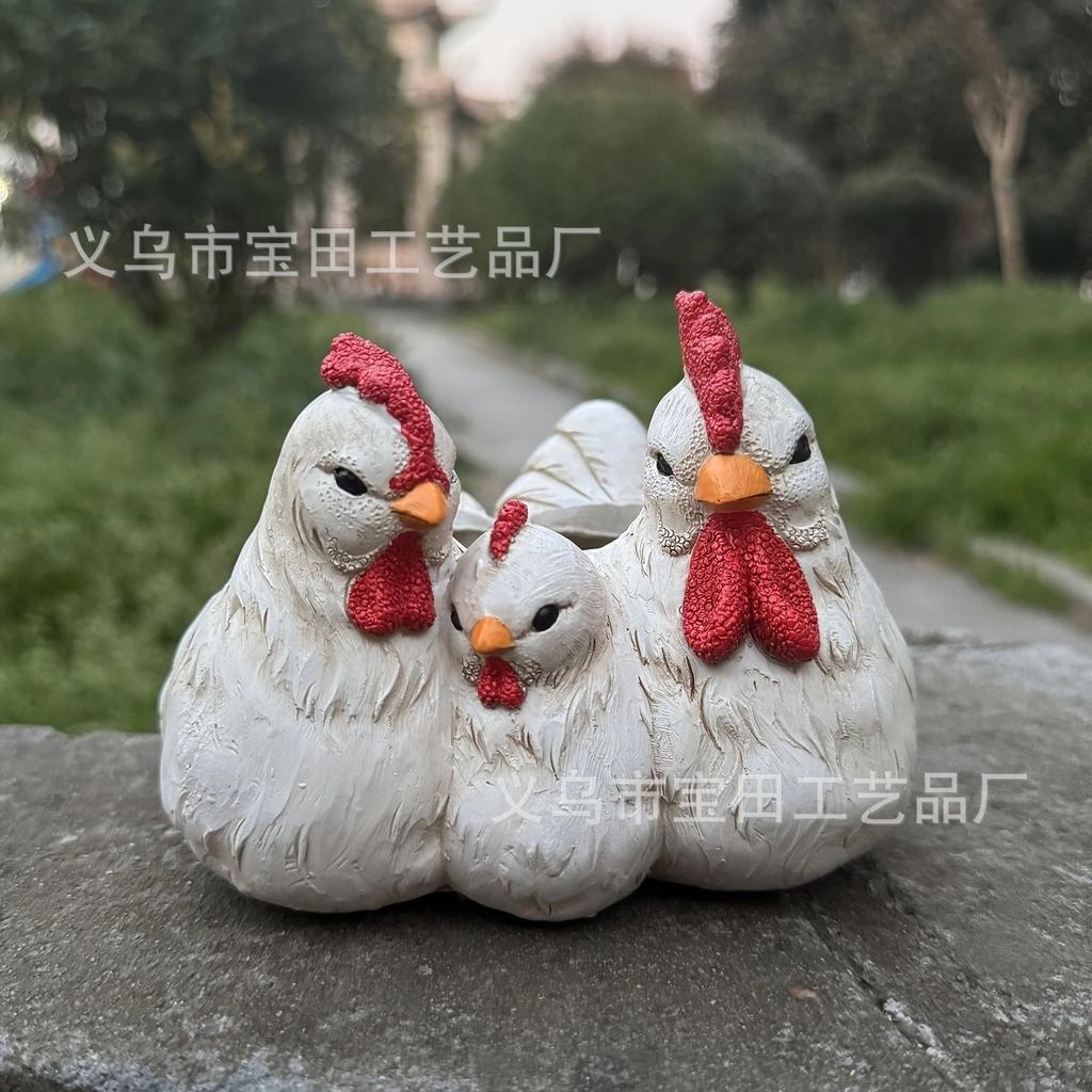 Three Chickens Resin Family Statue, Farmhouse Decor with Planting Trough, Garden Kitchen Yard Ornament, Animal Figurine Set
