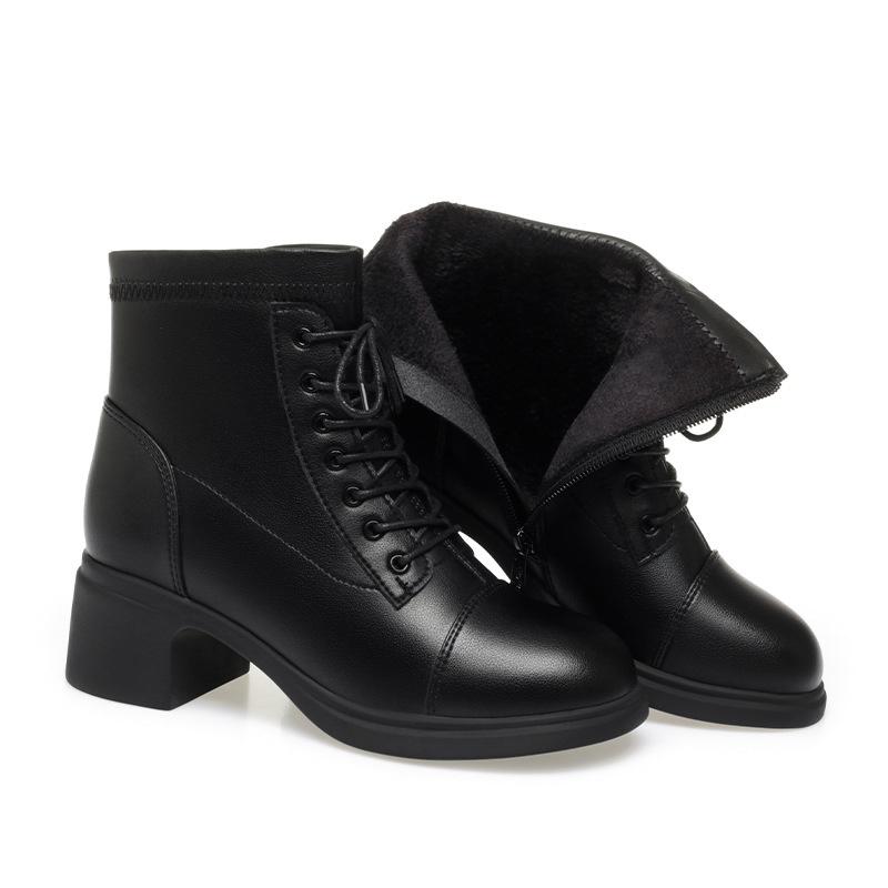 Women Casual Motorcycle Ankle Boots Thick Sole Plus Fleece Lace Up Autumn Winter Knight Outdoor New Short Leather Boots