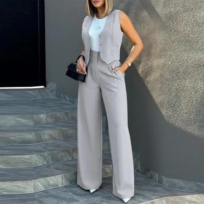 Completo da ufficio da pendolare da donna, top a vita alta + pantaloni a gamba larga, set da 2 pezzi