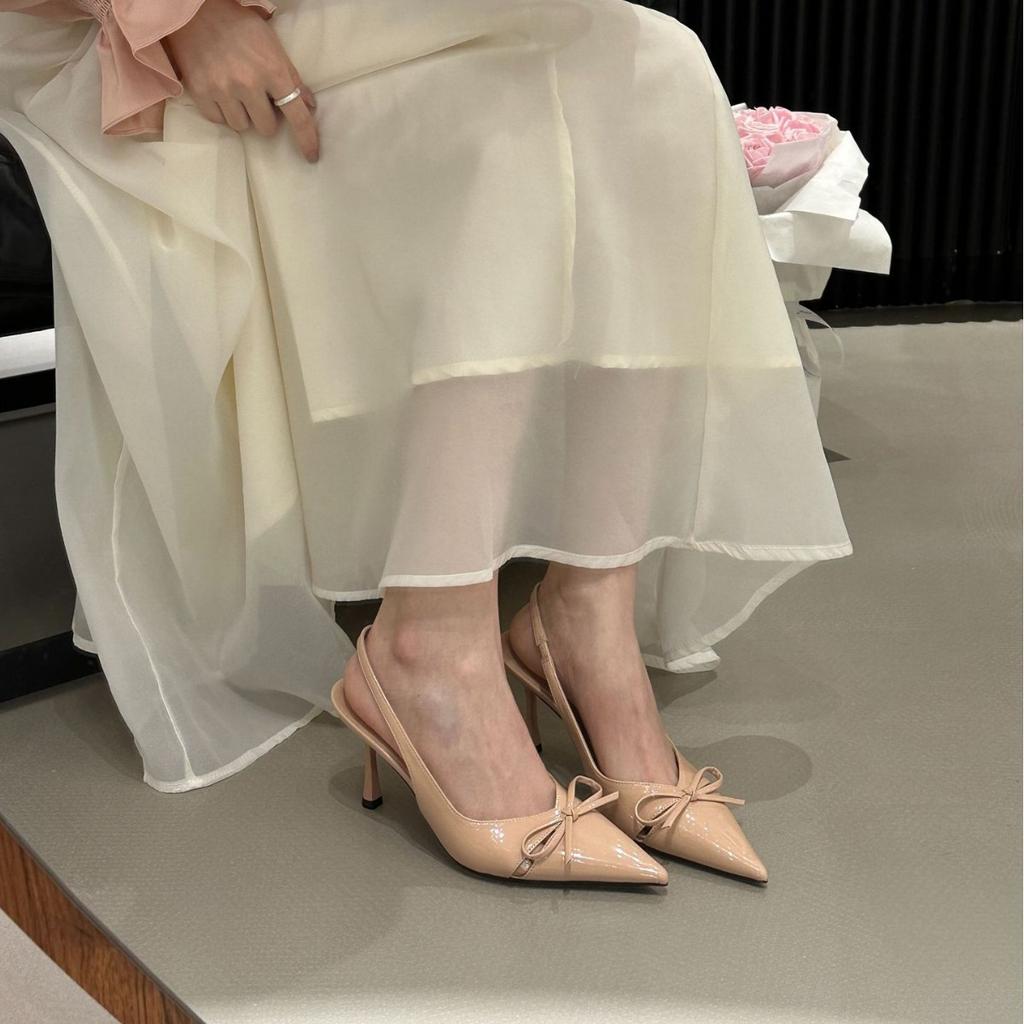 2025 Spring and Autumn New French Light Mouth Stiletto One-word High Heels Women's Patent Leather Pointed Bow Sandals Women