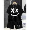 Boys' Simple and Cool XX Happy Face Print Set for Summer -Short Sleeve T-Shirt  Shorts 2-piece Set for Casual and Versatile Wear