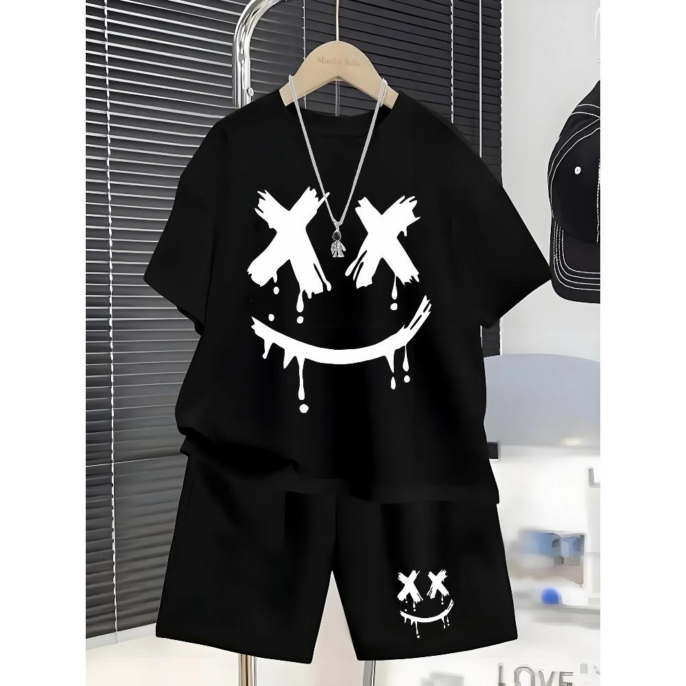 Boys' Simple and Cool XX Happy Face Print Set for Summer -Short Sleeve T-Shirt Shorts 2-piece Set for Casual and Versatile Wear