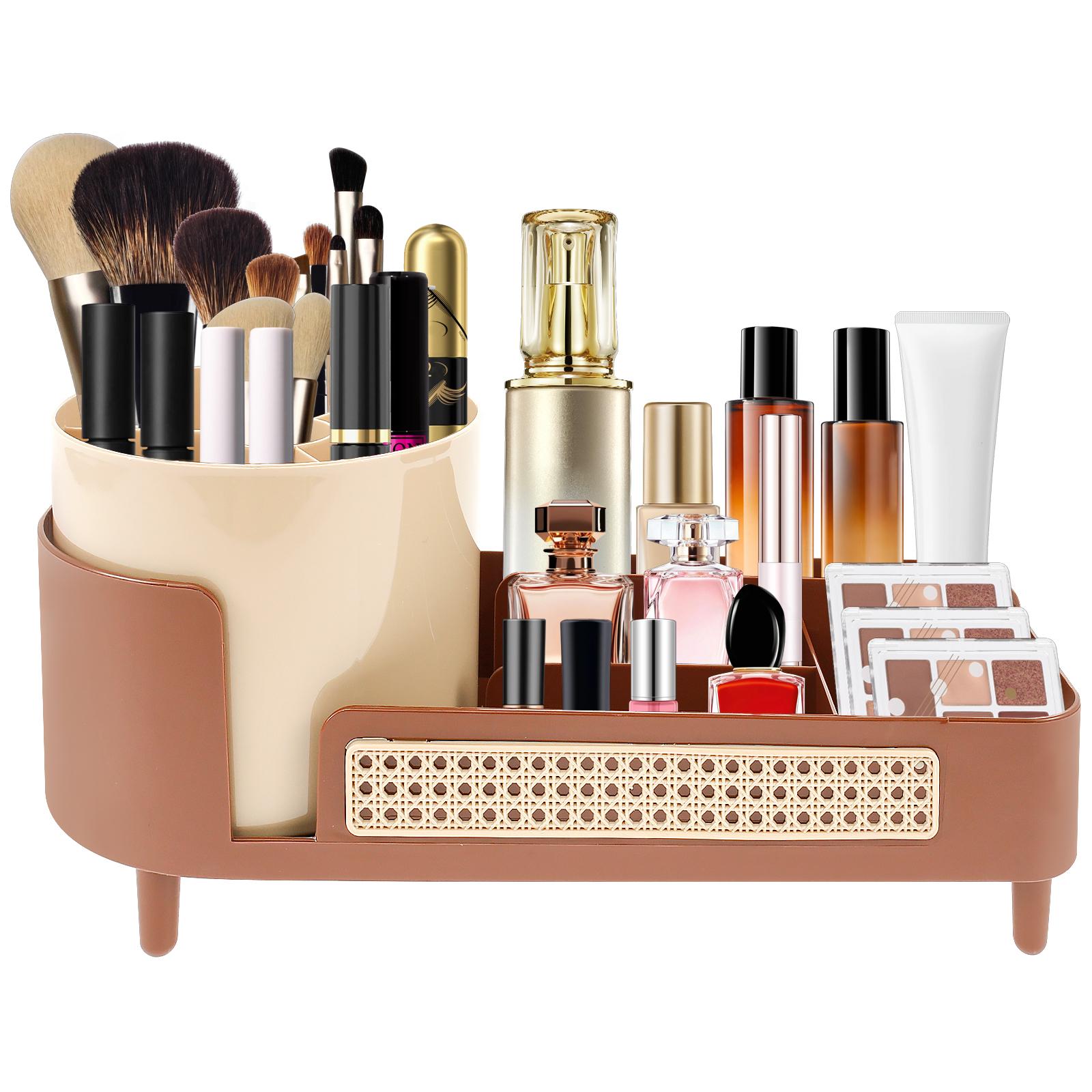 

360 Rotating Makeup Organizer Multipurpose Large Capacity Spin Makeup Skincare Cosmetic Storage Box for Vanity Desktop Bathroom кофейный