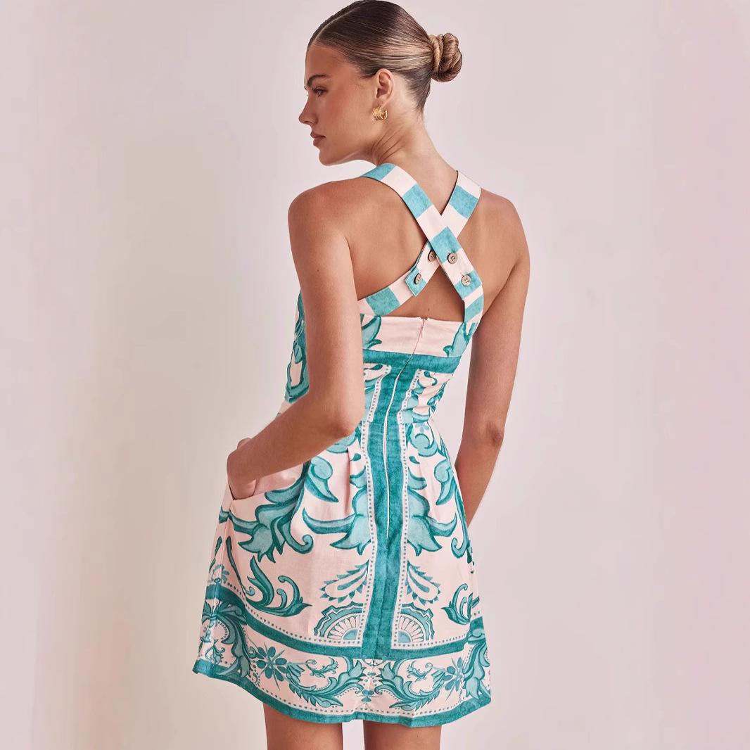 

Women s Sleeveless Cross Back Y-Cut Floral Print Dress with Side Pockets - Blue White Green S зелёный