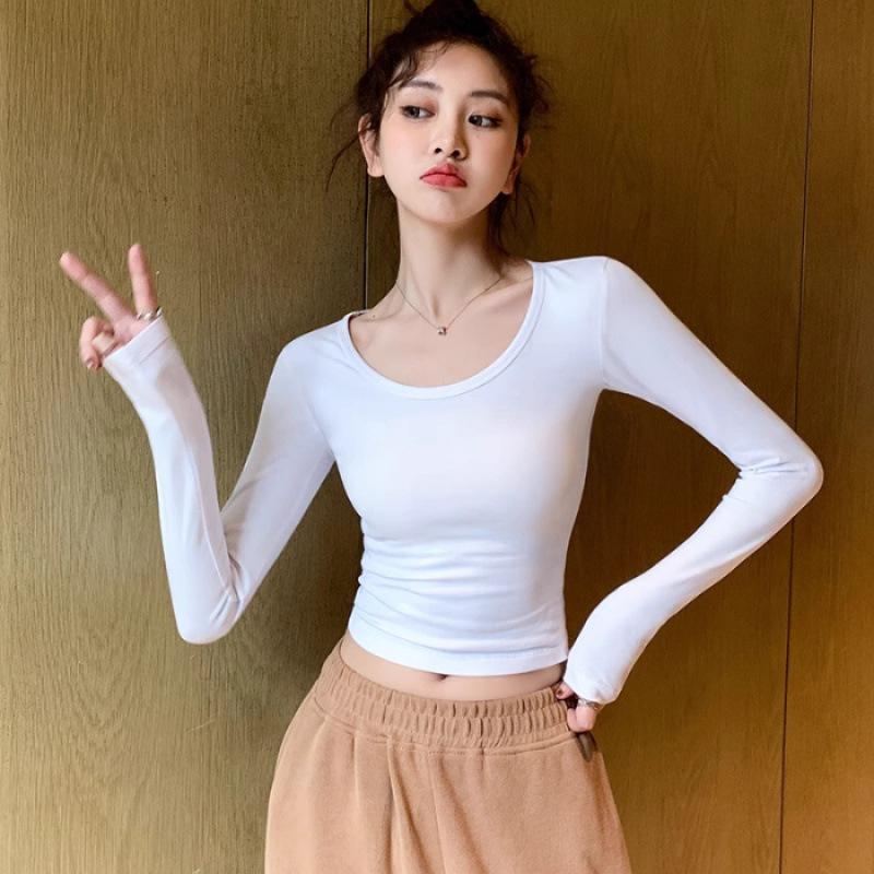 Early spring new pure desire style slim and thin U-neck long-sleeved top S белый