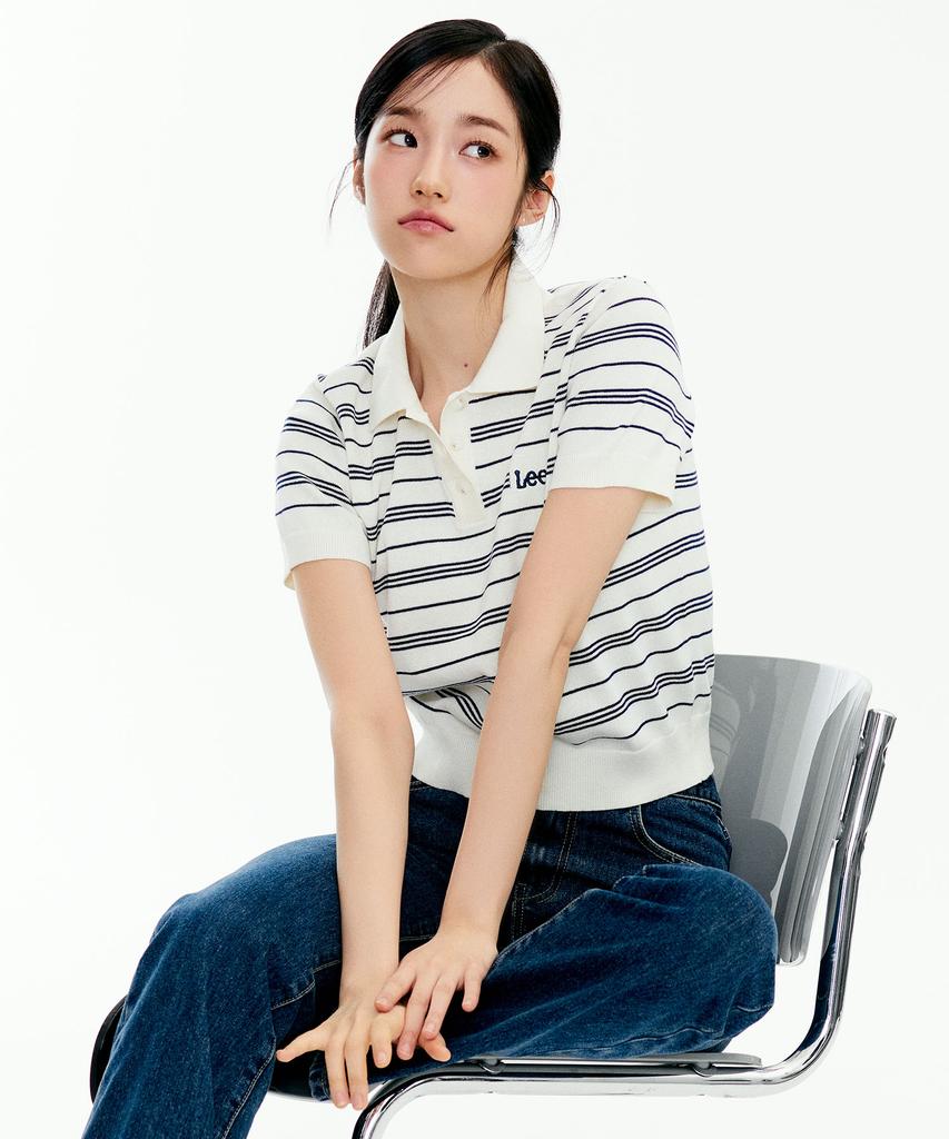 LEE Collared Striped Short Sleeve Knit Ivory