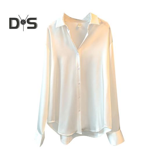 

Женская рубашка с лацканами, длинный рукав, однобортная рубашка, однотонная, гладкая, атласная, свободная, универсальная рубашка XXXL белый