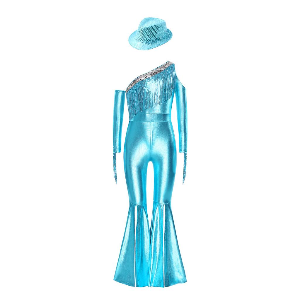 Girls Off Shoulder Jumpsuit Long Sleeve Sequin Tassel Detail Slit Bell Bottom Metallic Romper Hat Included