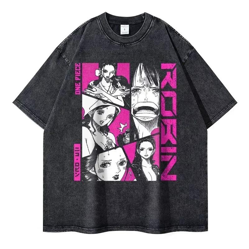 2026 Roronoa Zoro T-shirts Vintage Washed Anime One P-Piece T-shirt Streetwear Oversized L-Luffy Manga Tops Tees Cotton Y2K