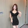 Women's clothing fashionable low-cut sexy contrasting color splicing mesh Feifei sleeves white dress tight skirt