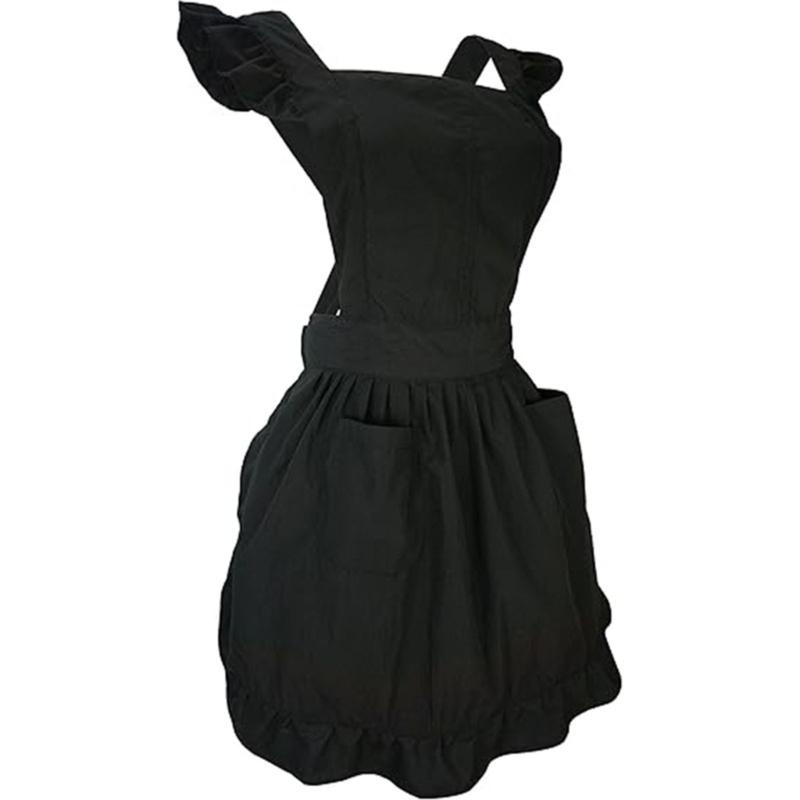 Women Ruffled Apron with Pocket Cotton Apron Pinafore Dress Ruffle Maid Apron Kitchen Cooking Apron for Baking Gardening