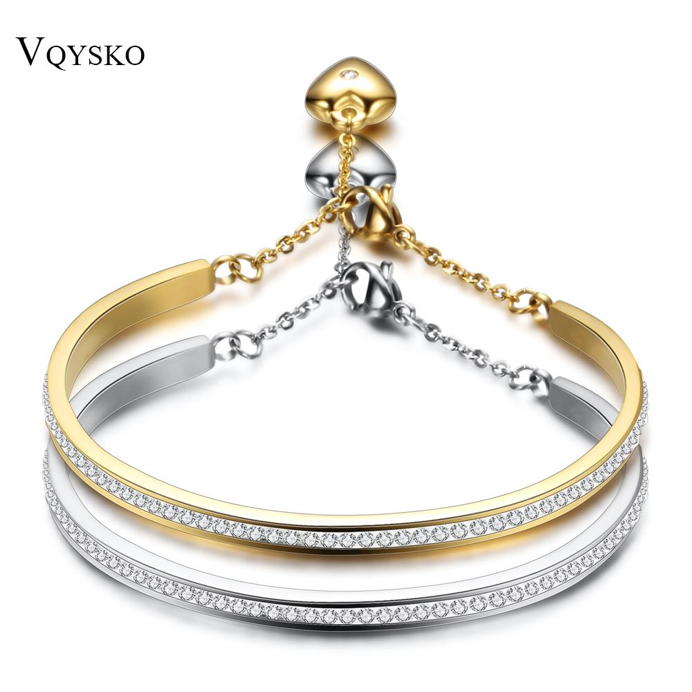 Gold-Color Cuff Bangle for Women One Row Crystal Stainless Steel Bracelet Bangle Jewelry Adjustable Chain