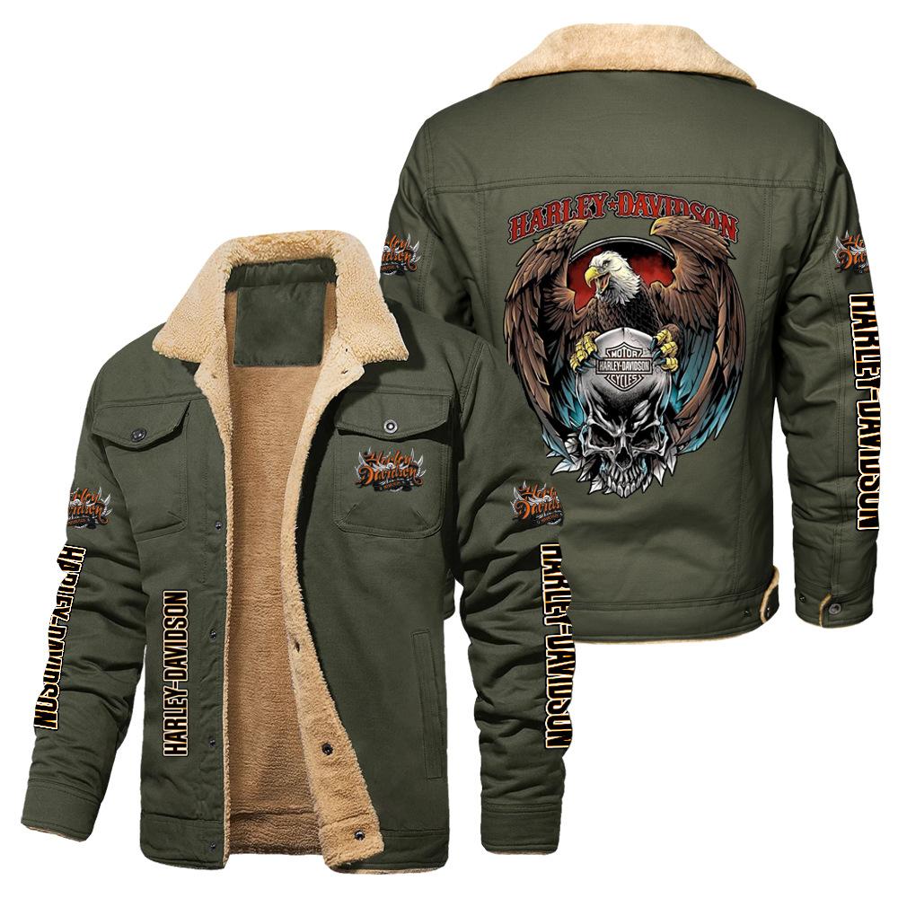 Hot Sale Eagle Skull Ha Lei Locomotive Autumn and Winter Fleece European Size Cotton Jacket Sports Jacket Men's Jacket