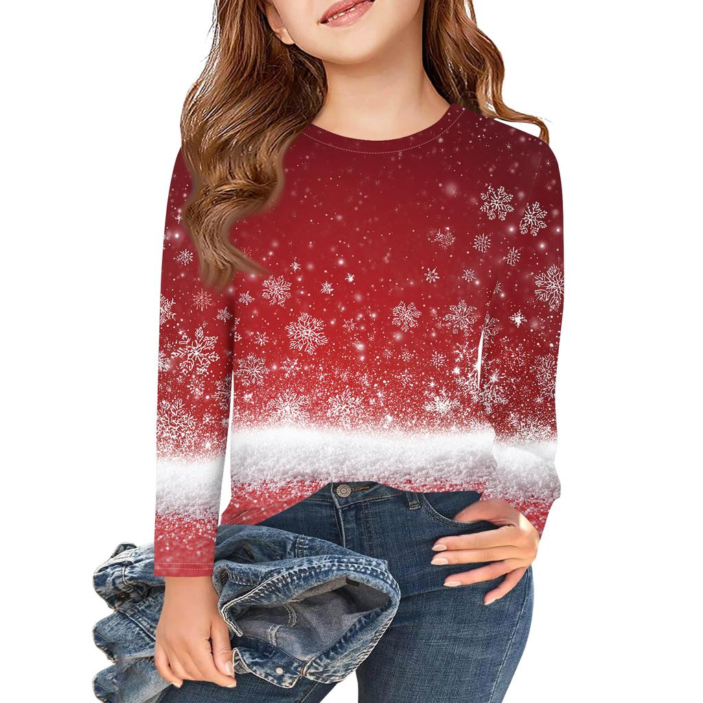 Weihnachtstag Mädchen Langarm T-Shirts Kinder Herbst Oberteile Rundhalsausschnitt Bedruckte Basic T-Shirts