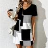 Summer Fashion Women's V Neck Short Sleeve Geometric Color Matching  Printed  Dress Sex Short Skirt Dresses