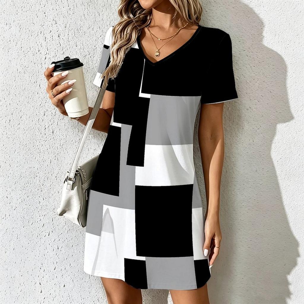 Summer Fashion Women's V Neck Short Sleeve Geometric Color Matching Printed Dress Sex Short Skirt Dresses