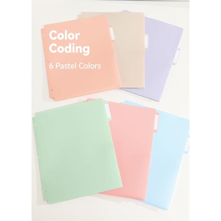 Plastic Folders with Pockets 3 Hole Punched, 6 Pack Pastel Pocket Folders for 3 Ring Binder, Unique 1/3 Cut Tabs with Colorful Labels, School