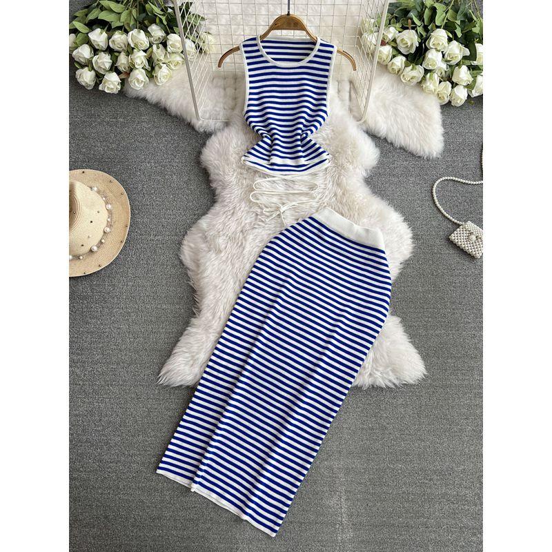 

Summer Stylish Western Style Striped Suit Women s Sleeveless Lace up Short Vest + Sheath Skirt Two-piece Set Trendy Blue One size