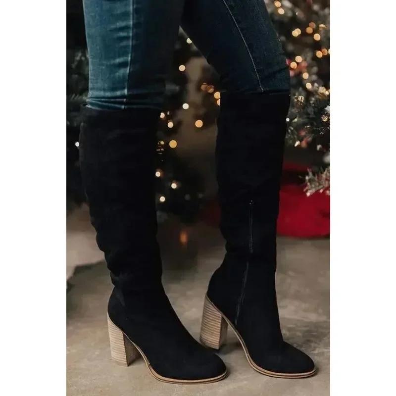 2024 Women Knee-High Boots Sexy High Heels Solid Color Women Shoes  Winter Warm Flock Fashion Pointed Toe Rome Females Boots